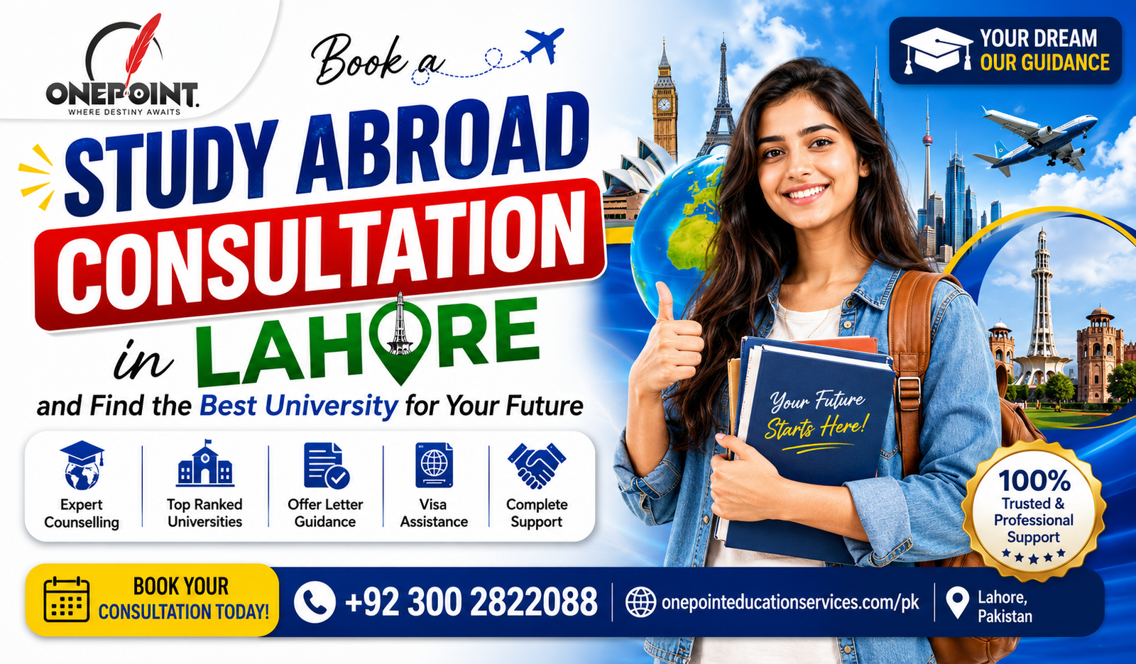 Student booking a study abroad consultation in Lahore with One Point Education Services for international university admissions